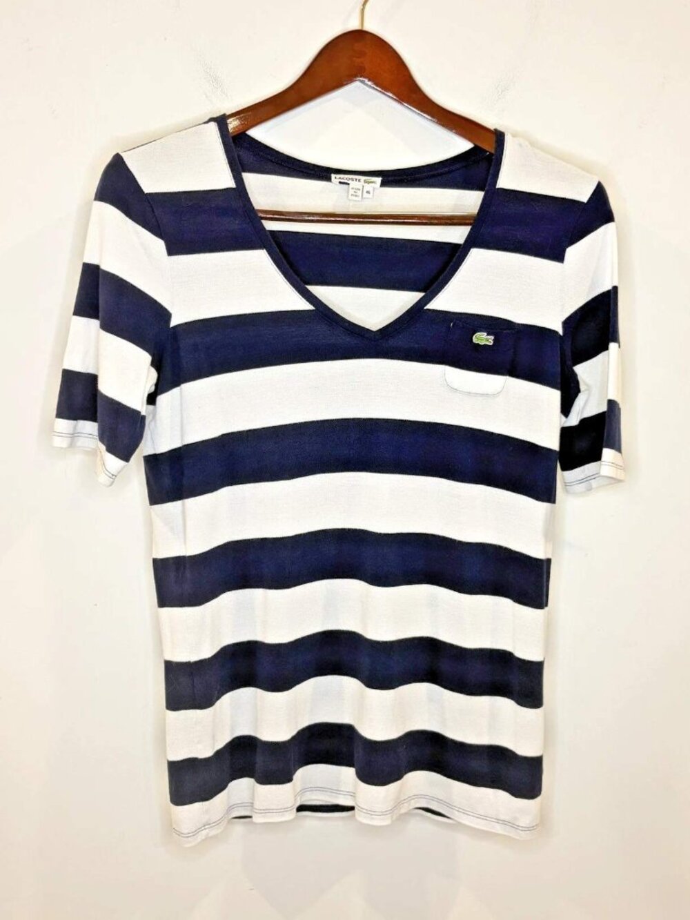 Lacoste Pique Mesh V Neck Striped Pocket T Shirt 46 (US XL) White Navy Preppy